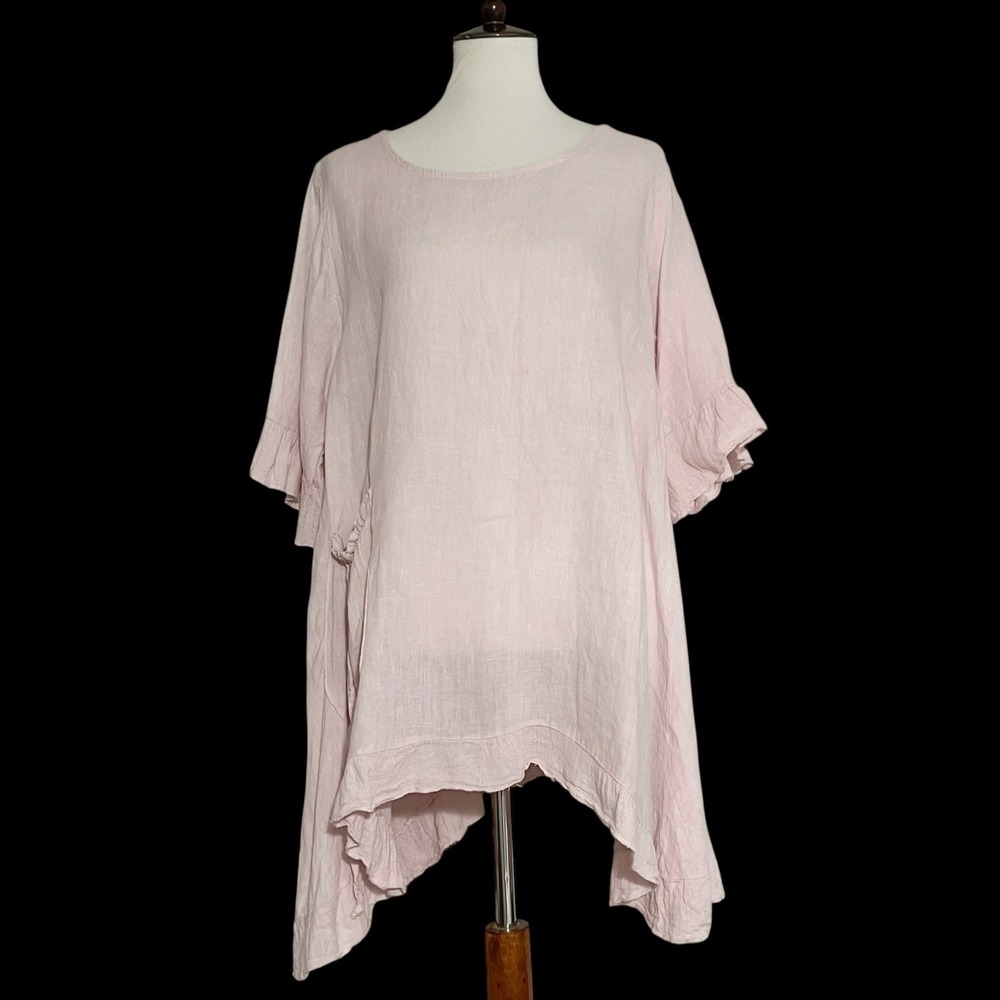 Meo Meli Made in Italy‎ Pink Linen Ruffle Tunic Top One Size